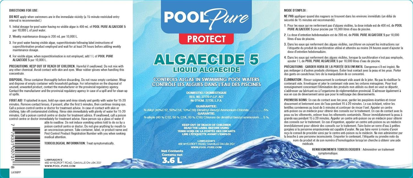 Algicide 5%, 10% 15% entretien piscine 3,6L
