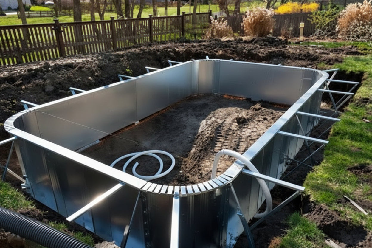 Piscine semi-enterrée de style grec de 16 x 32 pi (ensemble complet)