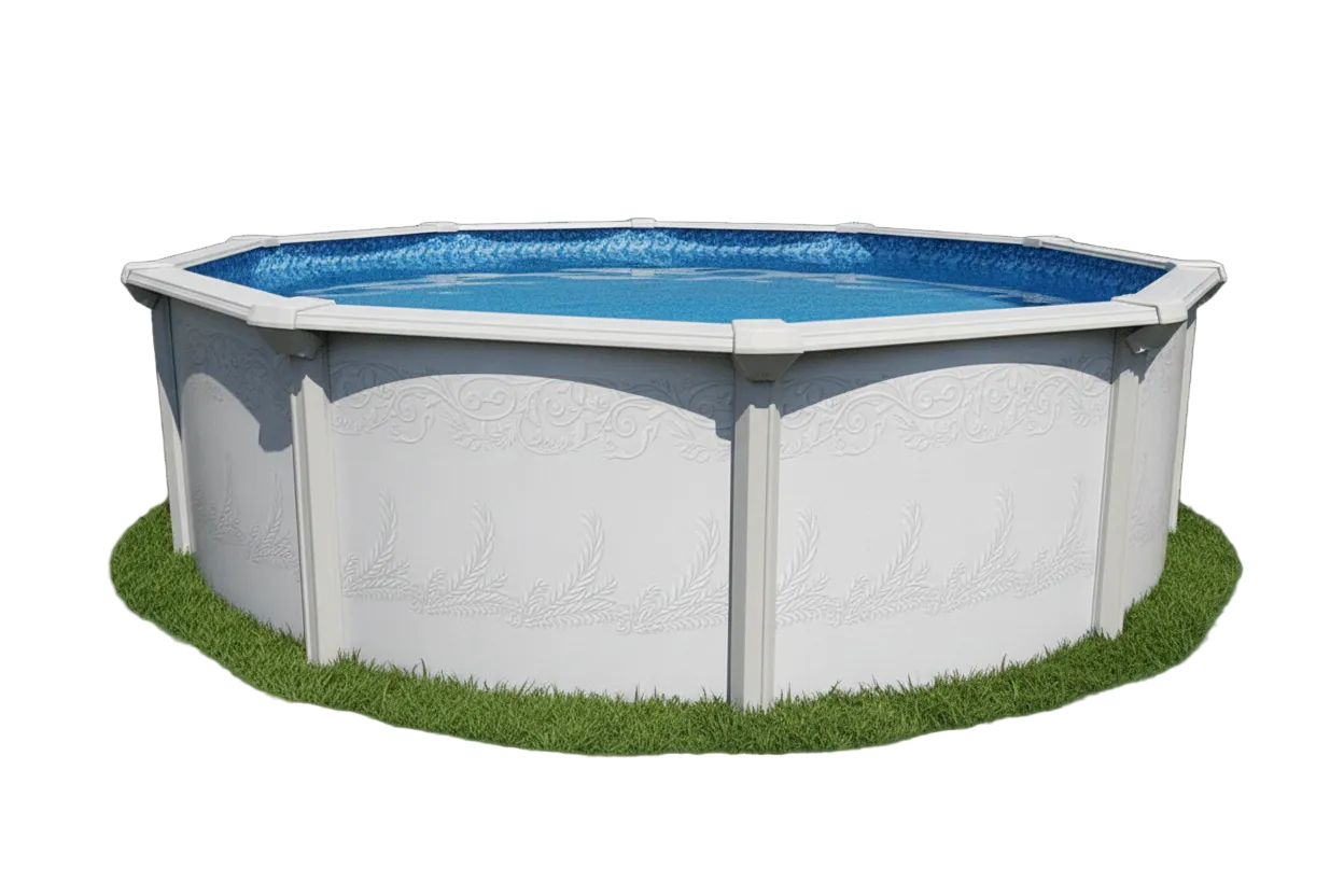 Hexagonal above-ground pool with blue interior on a white background
