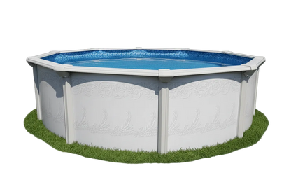 Hexagonal above-ground pool with blue interior on a white background