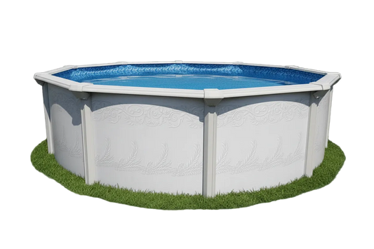 Hexagonal above-ground pool with blue interior on a white background